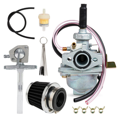 Carburetor rebuild kit for Honda CRF50F and Z50 series including carburetor, fuel petcock, air filter, and cleaning tools.