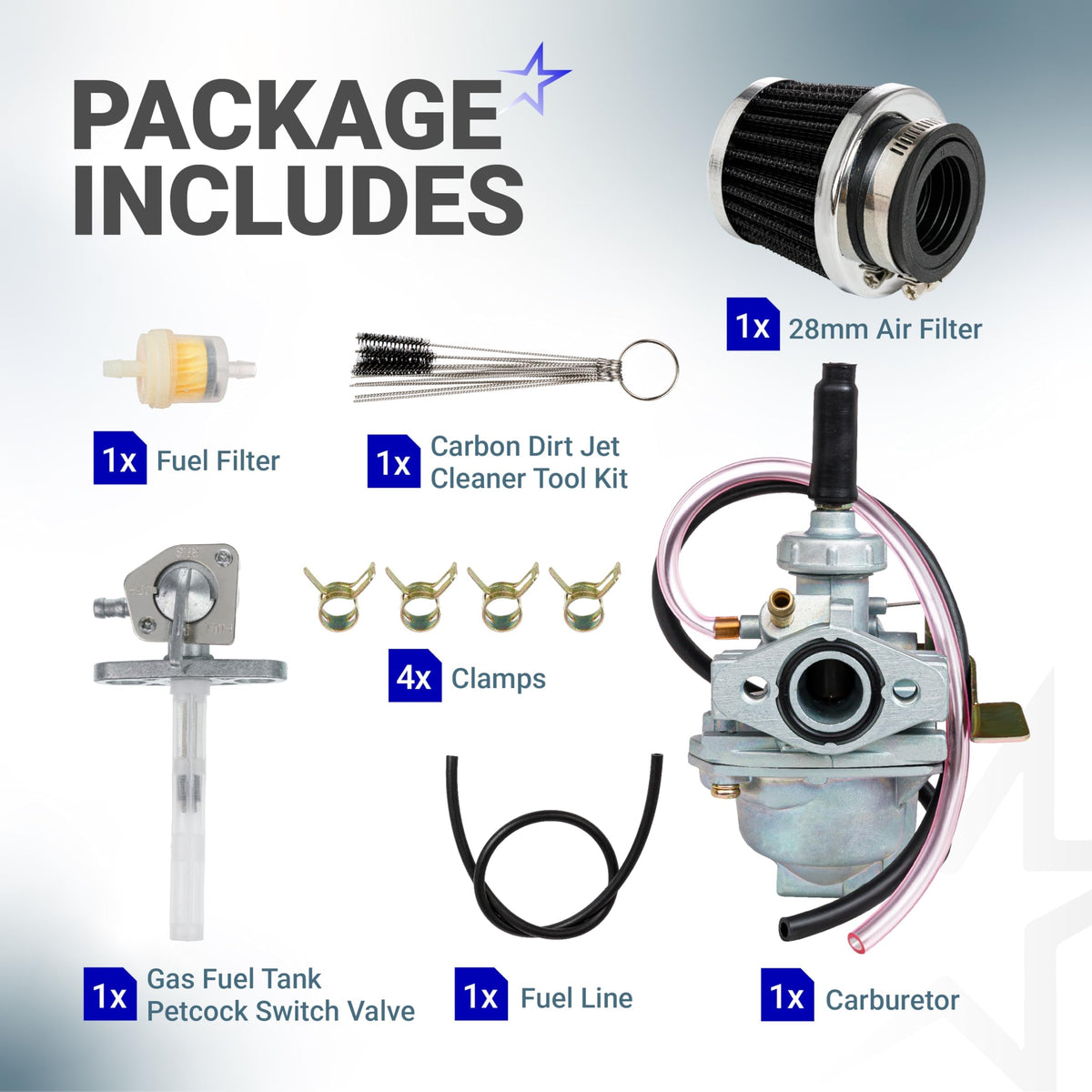 Carburetor kit components for Honda CRF50F and Z50 series including carburetor, air filter, petcock, and cleaning tools.