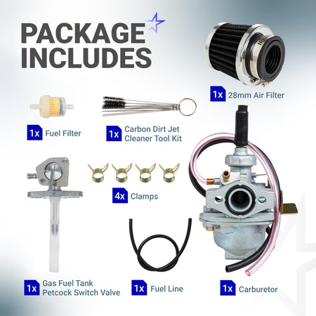 Carburetor kit components for Honda CRF50F and Z50 series including carburetor, air filter, petcock, and cleaning tools.