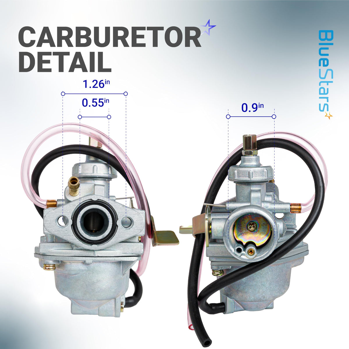 Carburetor for Honda CRF50F and Z50 series showing intake and air filter side dimensions.