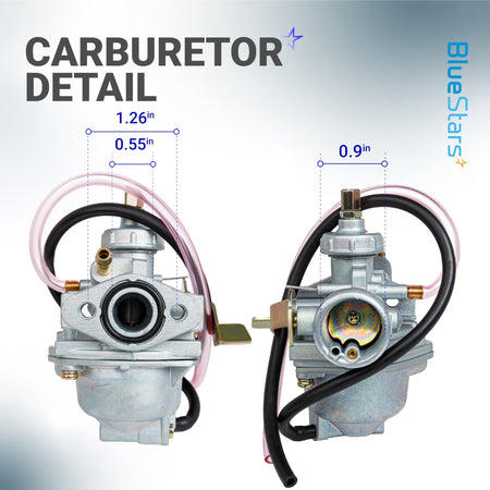 Carburetor for Honda CRF50F and Z50 series showing intake and air filter side dimensions.
