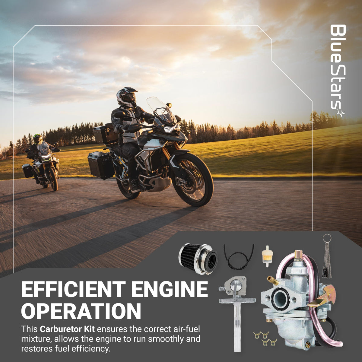 Carburetor kit components including air filter, fuel valve, and fuel filter for Honda CRF50F and Z50 series mini bikes.
