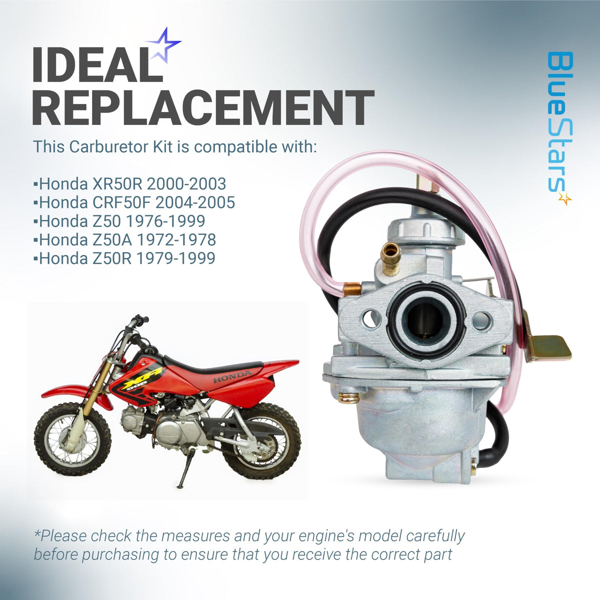 Replacement carburetor for Honda CRF50F, Z50, and XR50R mini bikes with compatibility list and product image.