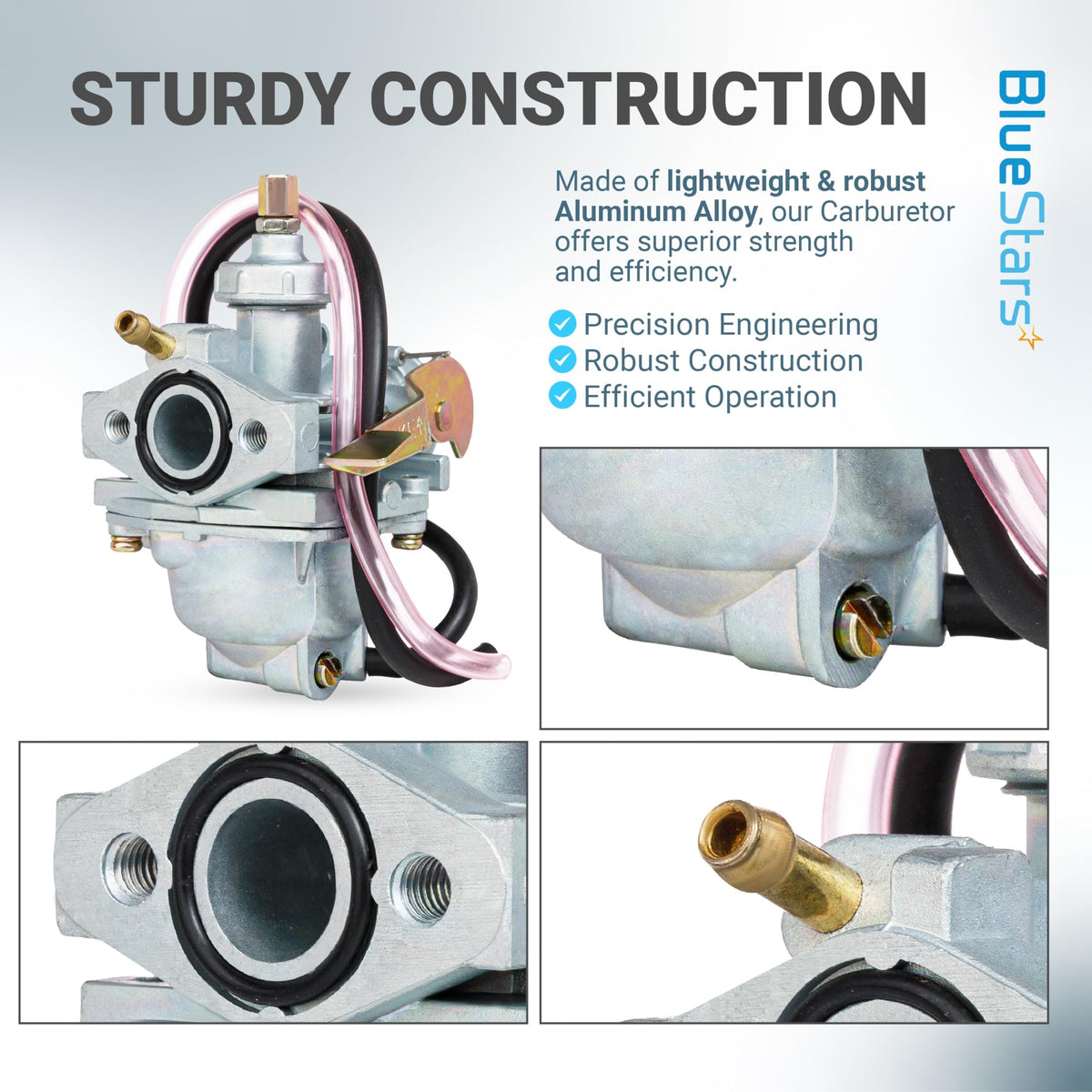 Aluminum alloy carburetor for Honda CRF50F and Z50 series mini bikes showing construction details and close-up views.