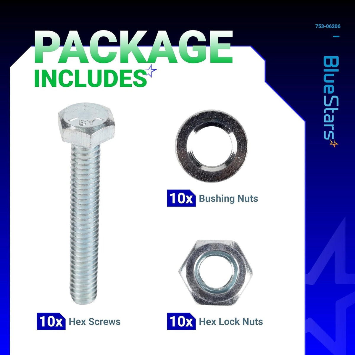 Pack of 10 shear pins, bushing nuts, and hex lock nuts for 1501216MA 301172 replacement parts.