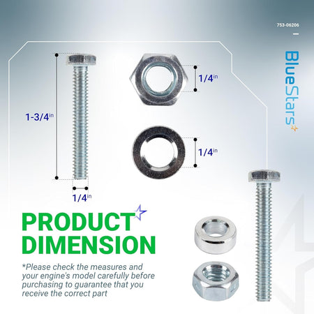 Dimensional diagram of 1501216MA shear pin and nut showing 1/4 inch diameter and 1-3/4 inch length.