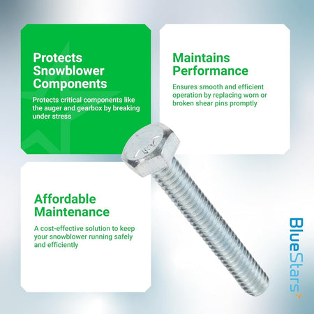 Close-up of a single 1501216MA shear pin for snowblower maintenance against an informational background.