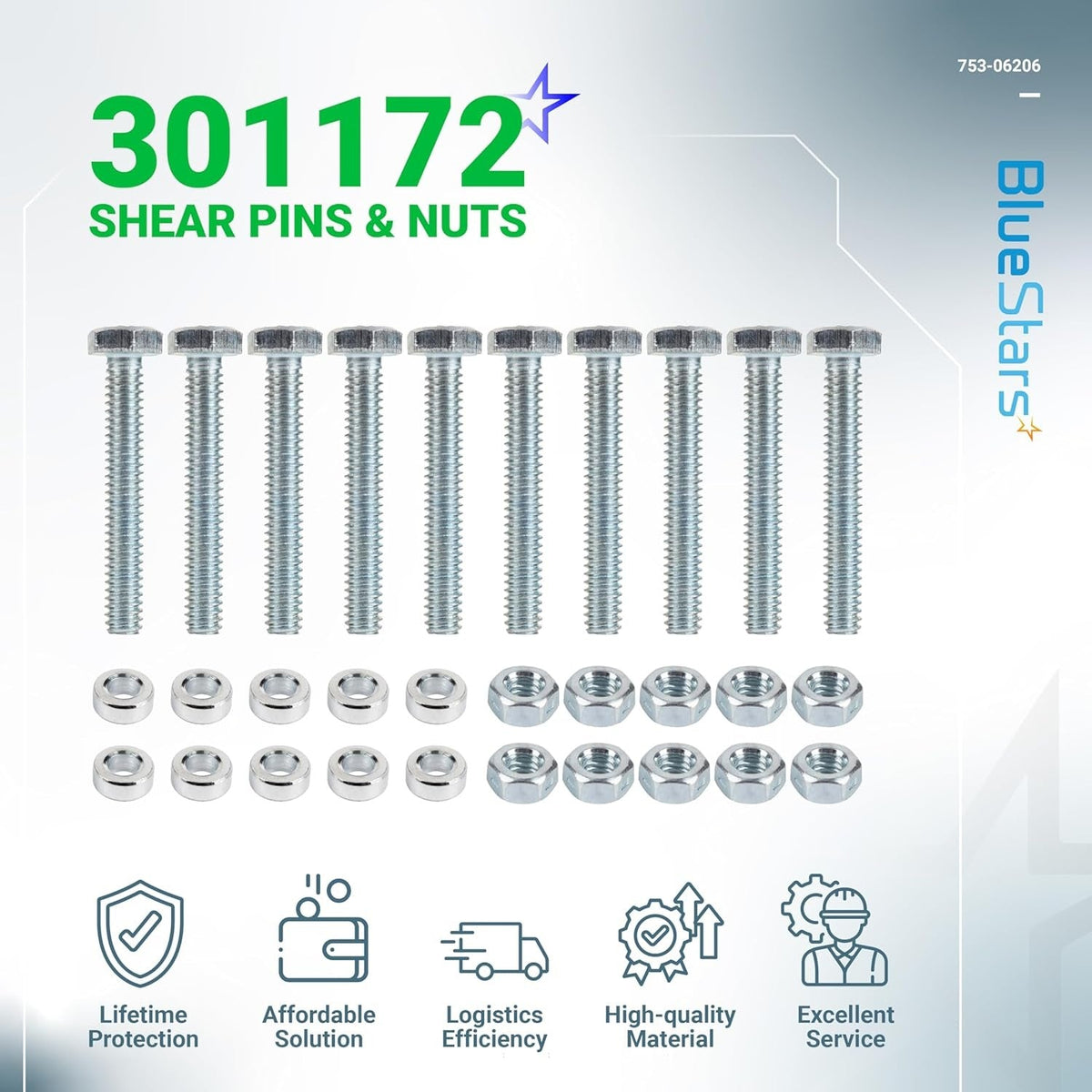 Pack of 10 replacement shear pins and matching nuts for snowblower repair.