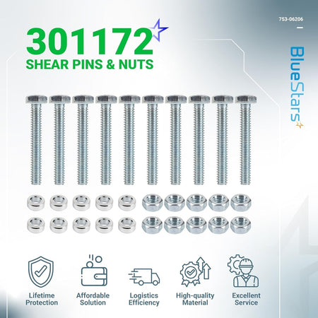Pack of 10 replacement shear pins and matching nuts for snowblower repair.