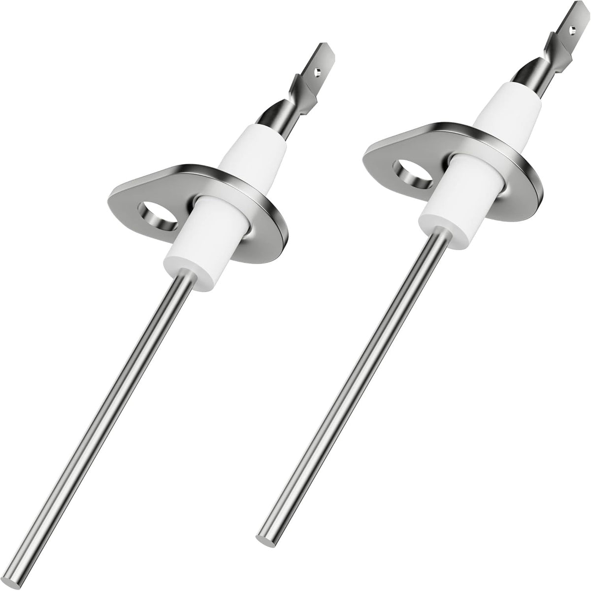 Two 0130F00010 furnace flame sensors with metal rods and white ceramic insulators.