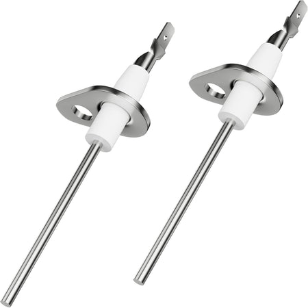 Two 0130F00010 furnace flame sensors with metal rods and white ceramic insulators.