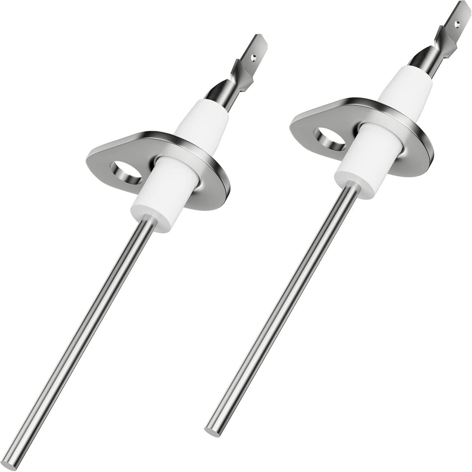 Two 0130F00010 furnace flame sensors with metal rods and white ceramic insulators.