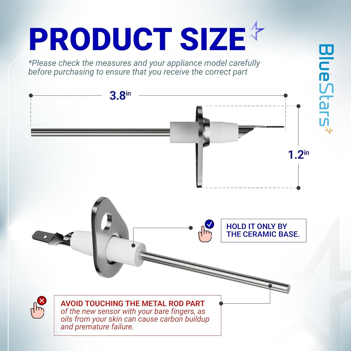 Dimensional diagram of 0130F00010 furnace flame sensor showing 3.8-inch length and handling instructions.