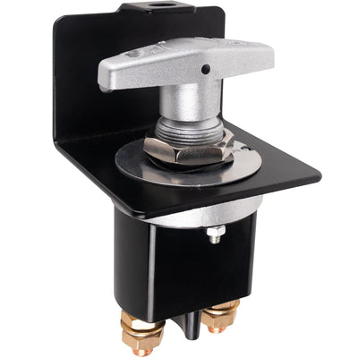 12V-36V 500A high current battery cut-off switch with silver T-handle and black mounting lock-out plate.