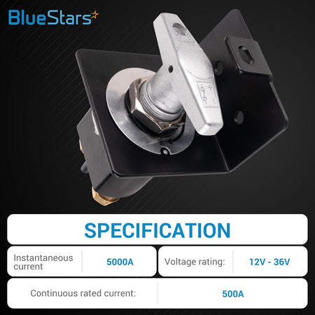 12V-36V 500A high current battery cut-off switch with lock-out plate and technical specification chart.