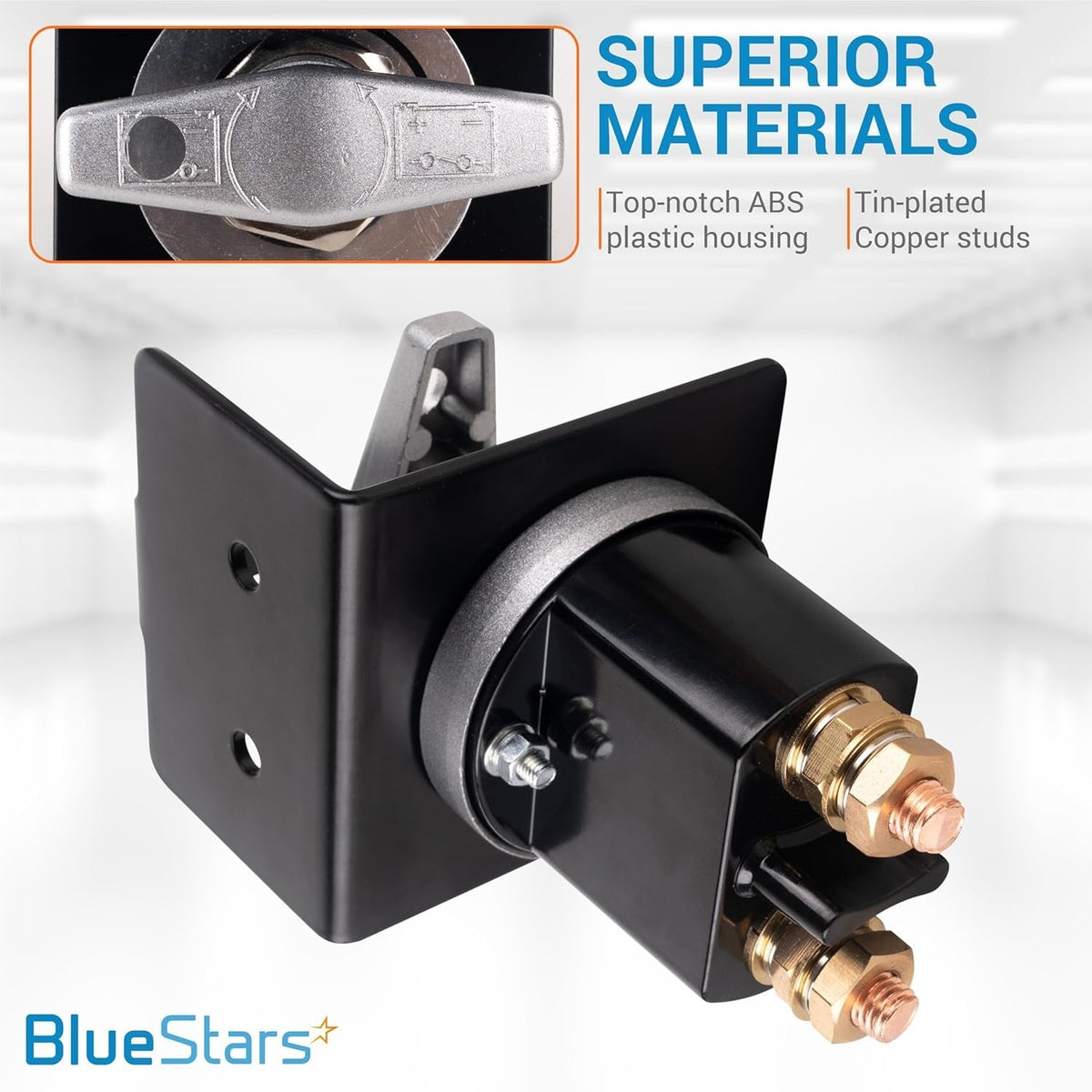 12V-36V 500A high current battery cut-off switch with black mounting bracket and tin-plated copper studs.