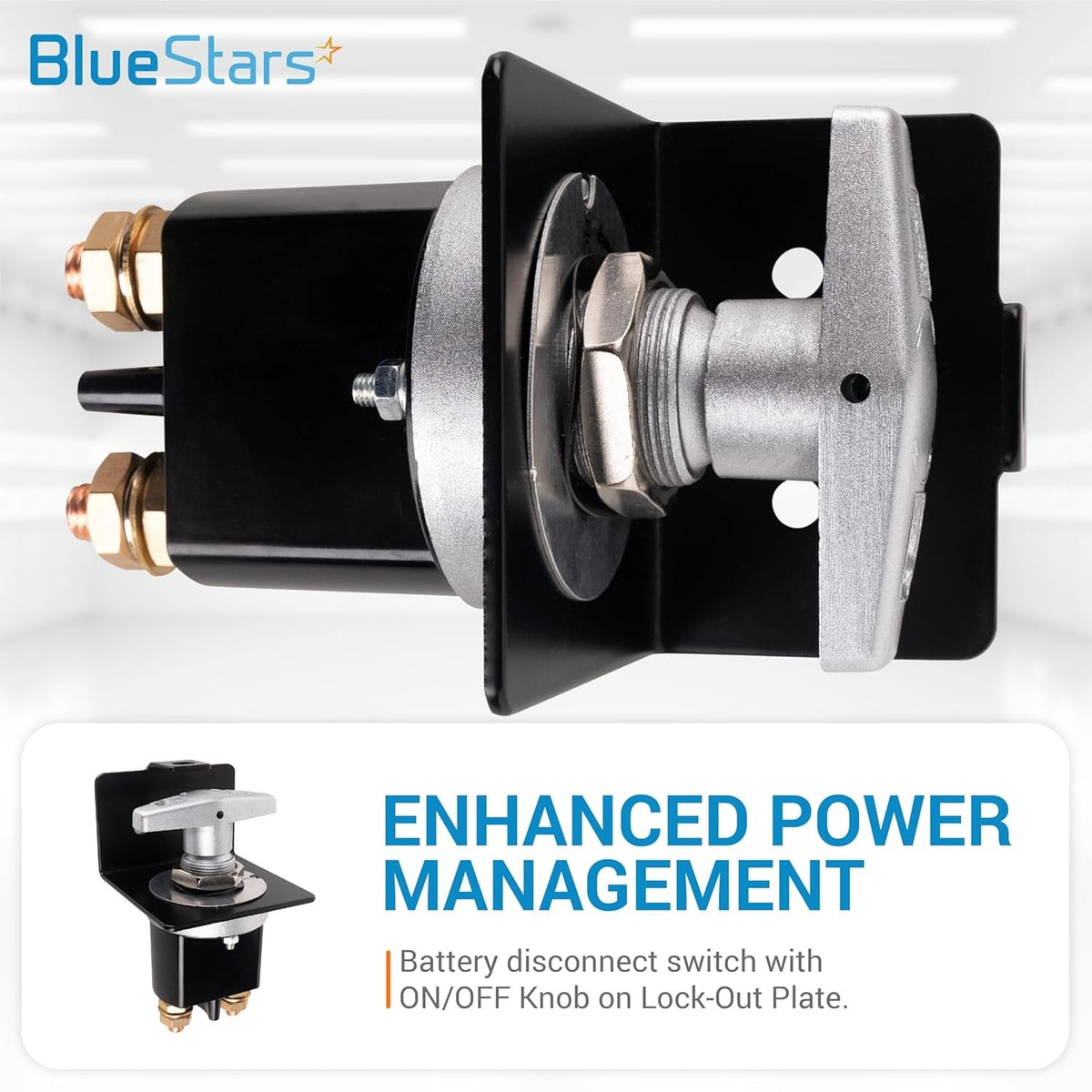 Side view of 500A high current battery cut-off switch with silver T-handle and black lock-out mounting plate.