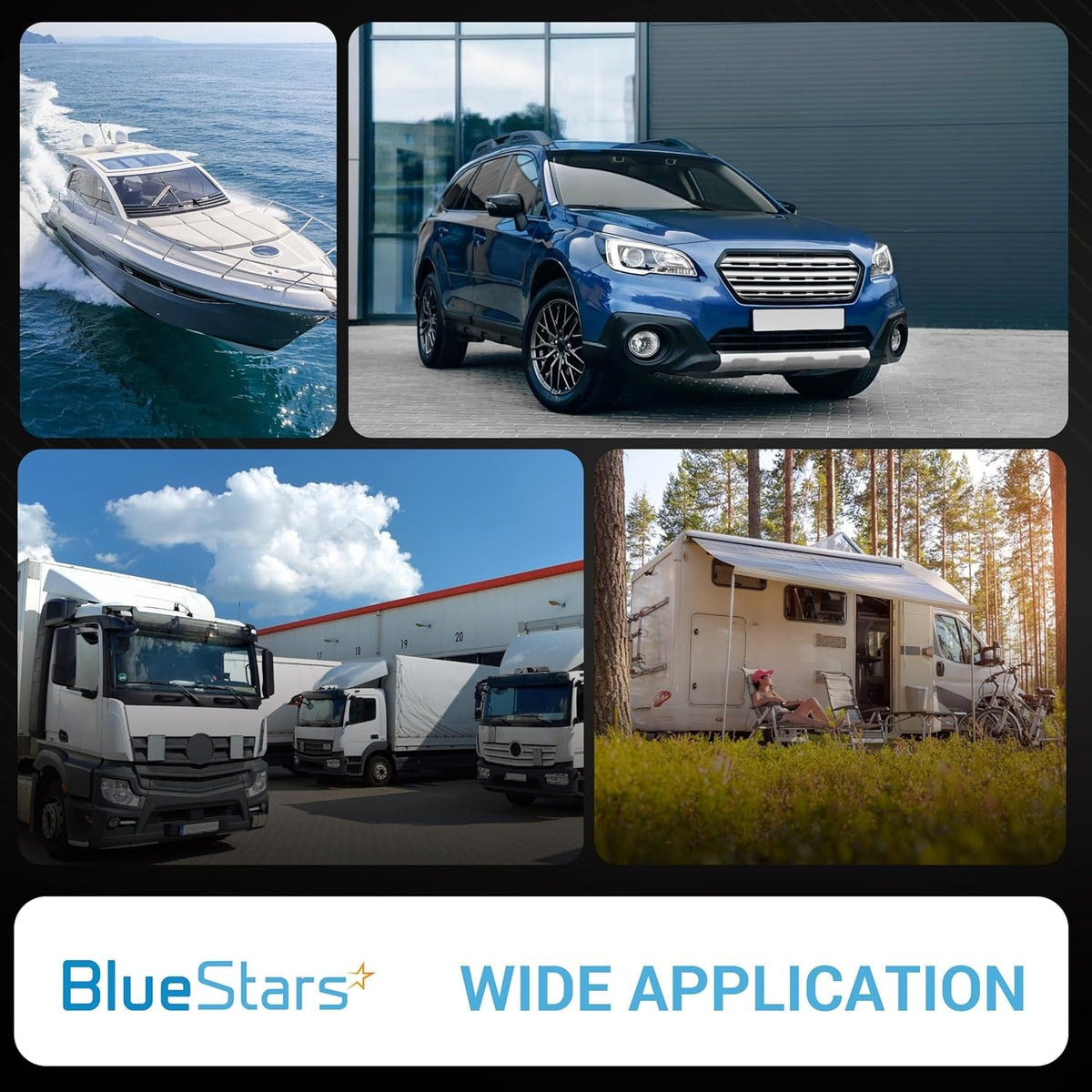 Collage showing boat, car, truck, and RV applications for the 12V-36V 500A high current battery cut-off switch.