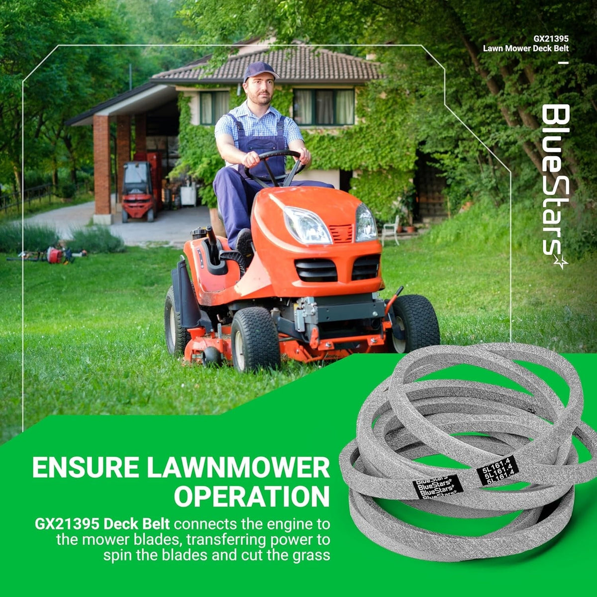 GX21395 mower deck belt for John Deere 54-inch decks shown in a promotional lifestyle graphic.