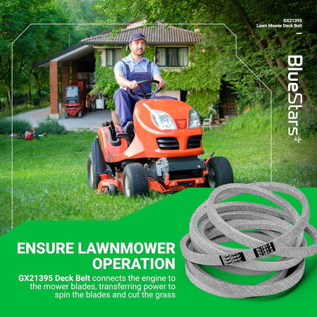GX21395 mower deck belt for John Deere 54-inch decks shown in a promotional lifestyle graphic.