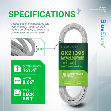 GX21395 mower deck belt specifications chart showing 161.4-inch length and 0.66-inch width for John Deere mowers.
