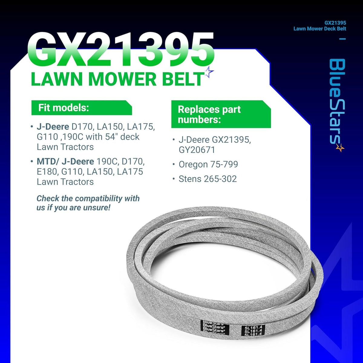 GX21395 mower deck belt for John Deere 54-inch deck lawn tractors shown on product information graphic.