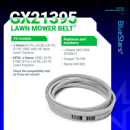 GX21395 mower deck belt for John Deere 54-inch deck lawn tractors shown on product information graphic.