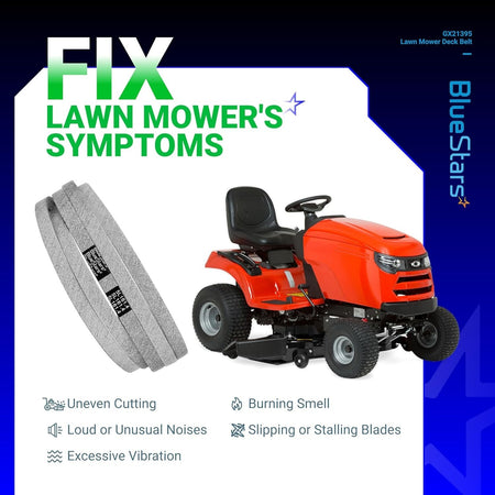 GX21395 mower deck belt for John Deere 54-inch decks, shown with a lawn tractor and common mower symptom icons.