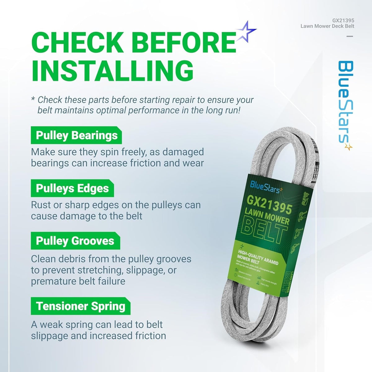 Installation guide for GX21395 mower deck belt showing maintenance tips for pulleys and tensioner springs.
