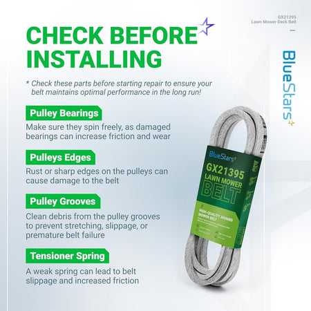 Installation guide for GX21395 mower deck belt showing maintenance tips for pulleys and tensioner springs.