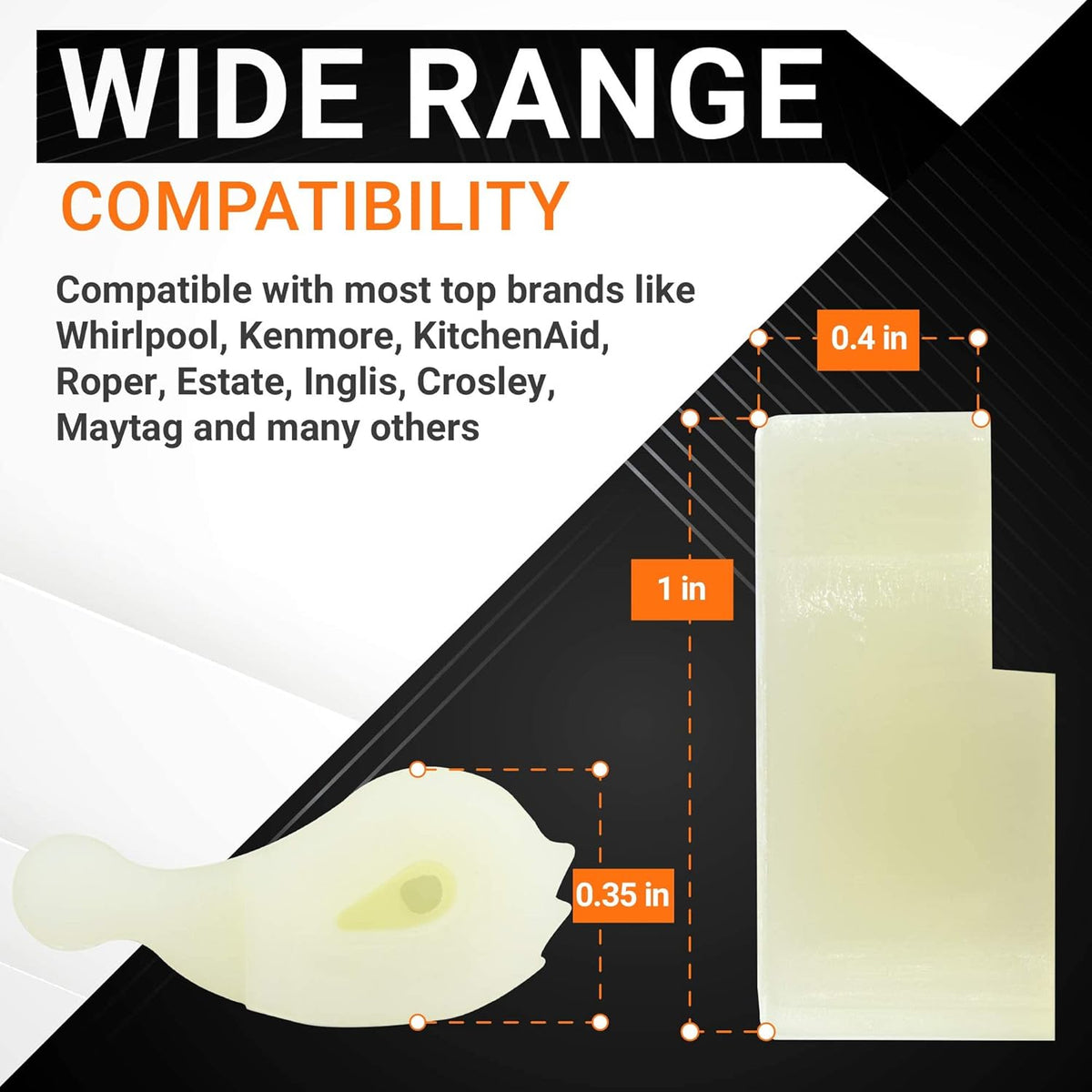 Infographic showing dimensions of 80040 washer agitator dog compatible with Whirlpool and Kenmore washing machines.