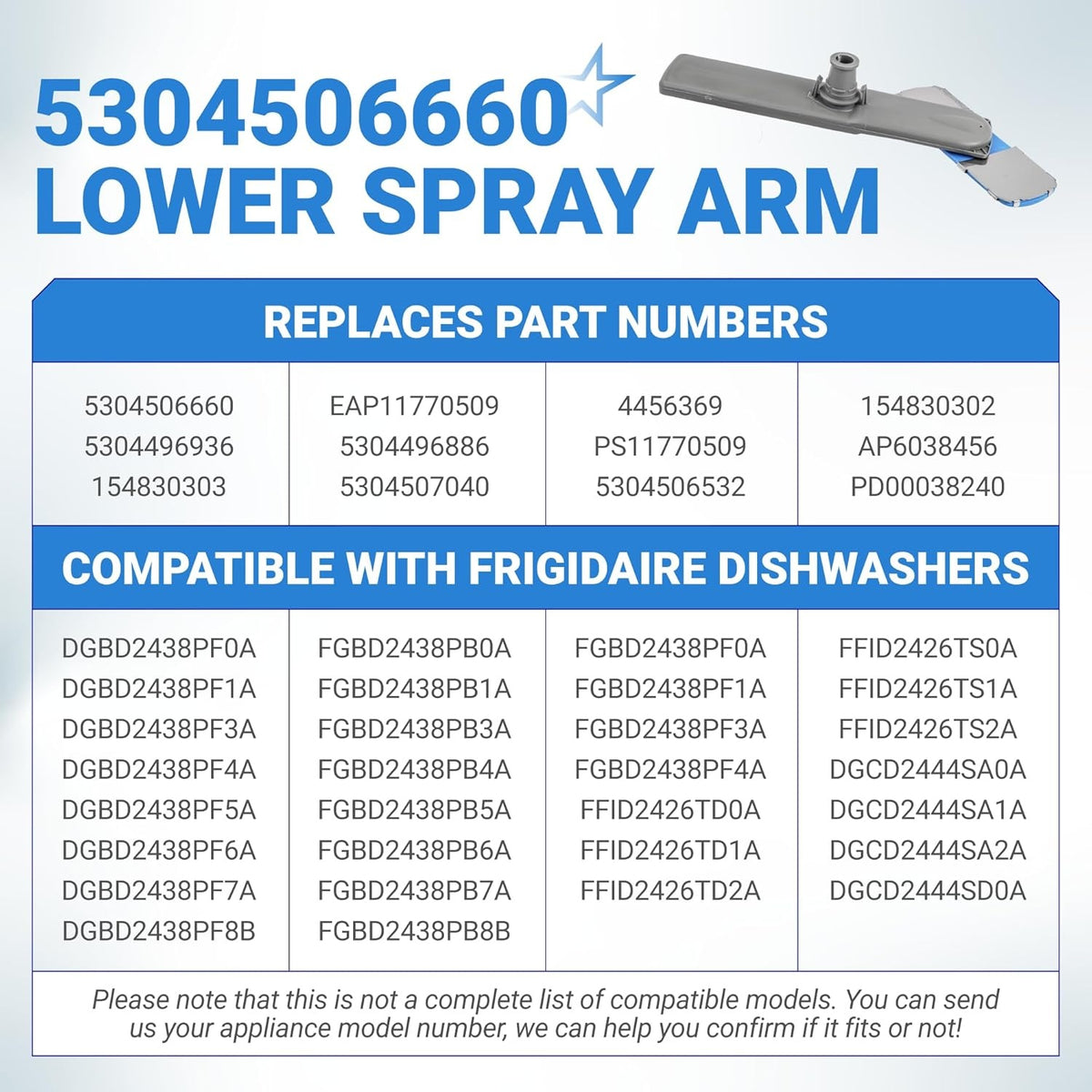 5304506660 dishwasher lower spray arm replacement part with compatibility and cross-reference chart.