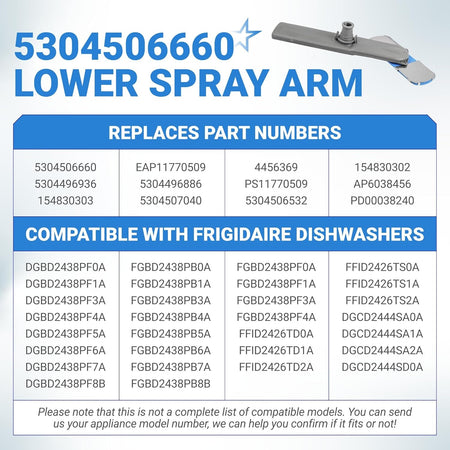 5304506660 dishwasher lower spray arm replacement part with compatibility and cross-reference chart.