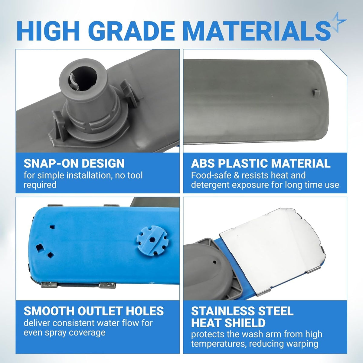 Infographic showing features of 5304506660 dishwasher lower spray arm including snap-on design and heat shield.