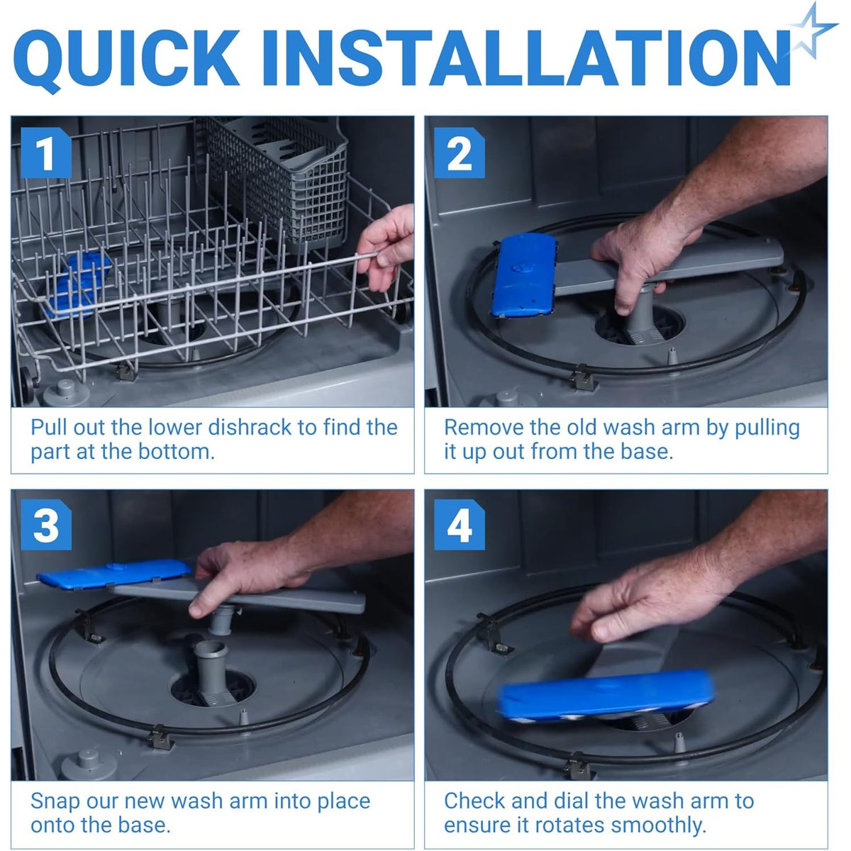Four-step installation guide for Frigidaire dishwasher lower spray arm 5304506660.