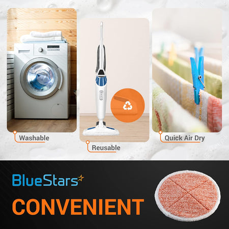 Infographic showing washable and reusable orange replacement mop pads for Bissell Spinwave hard mop cleaners.