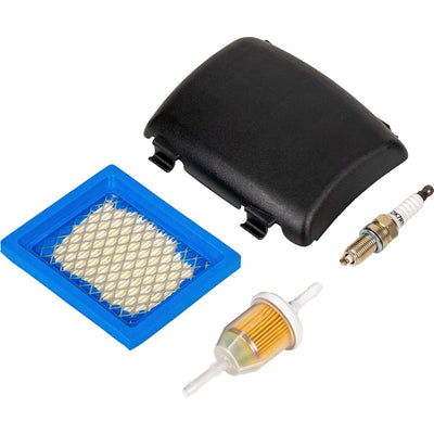 Air filter cover, air filter, fuel filter, and spark plug kit for Kohler XT650 and XT675 lawn mower engines.