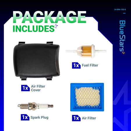 Air filter cover, air filter, fuel filter, and spark plug kit for Kohler XT650 and XT675 engines.