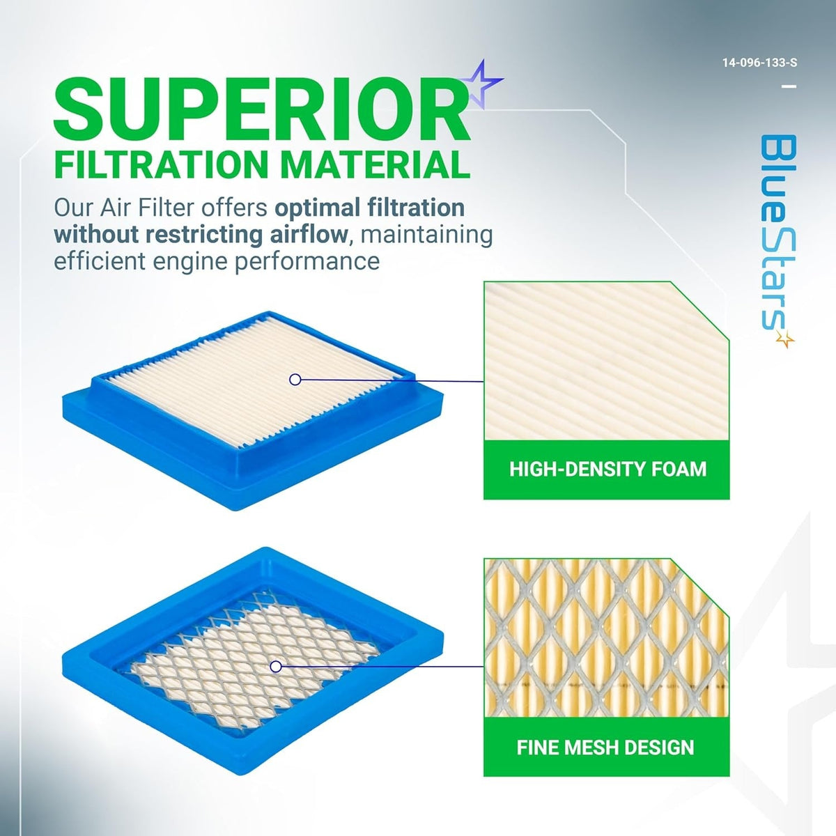 14-096-133-S air filter showing high-density foam and fine mesh design for Kohler XT650 and XT675 engines.