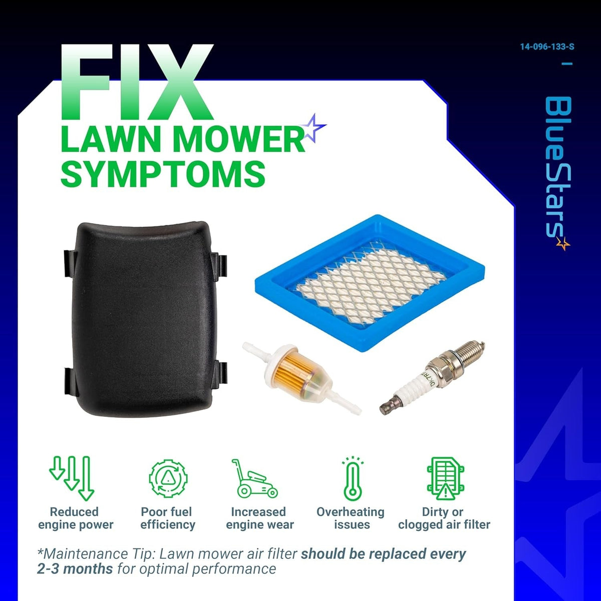 Air filter cover, air filter, fuel filter, and spark plug kit for Kohler XT650 and XT675 lawn mower engines.
