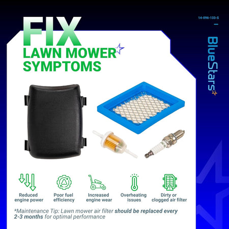 Air filter cover, air filter, fuel filter, and spark plug kit for Kohler XT650 and XT675 lawn mower engines.