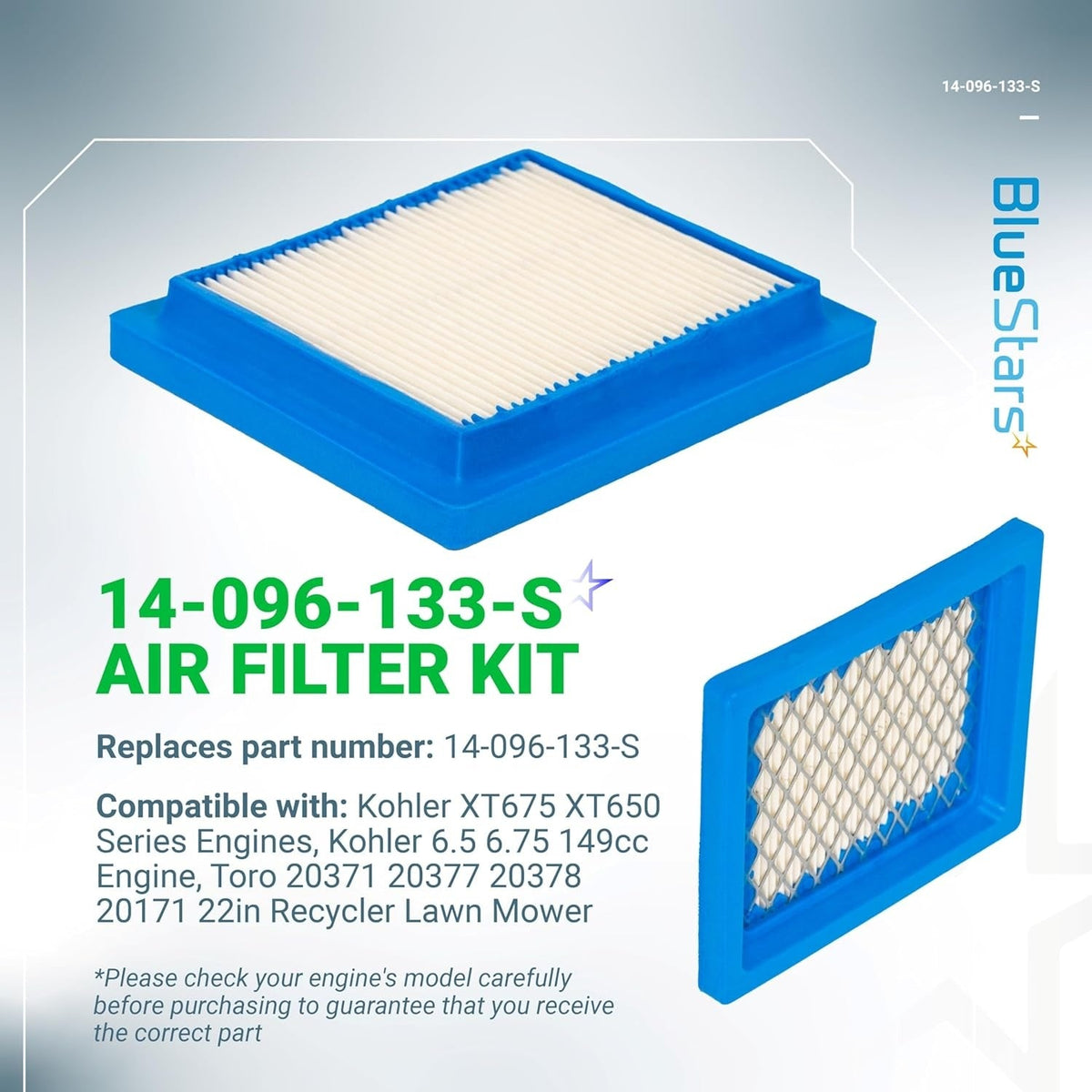 Replacement air filter for Kohler XT650 and XT675 engines, compatible with Toro 22-inch recycler lawn mowers.