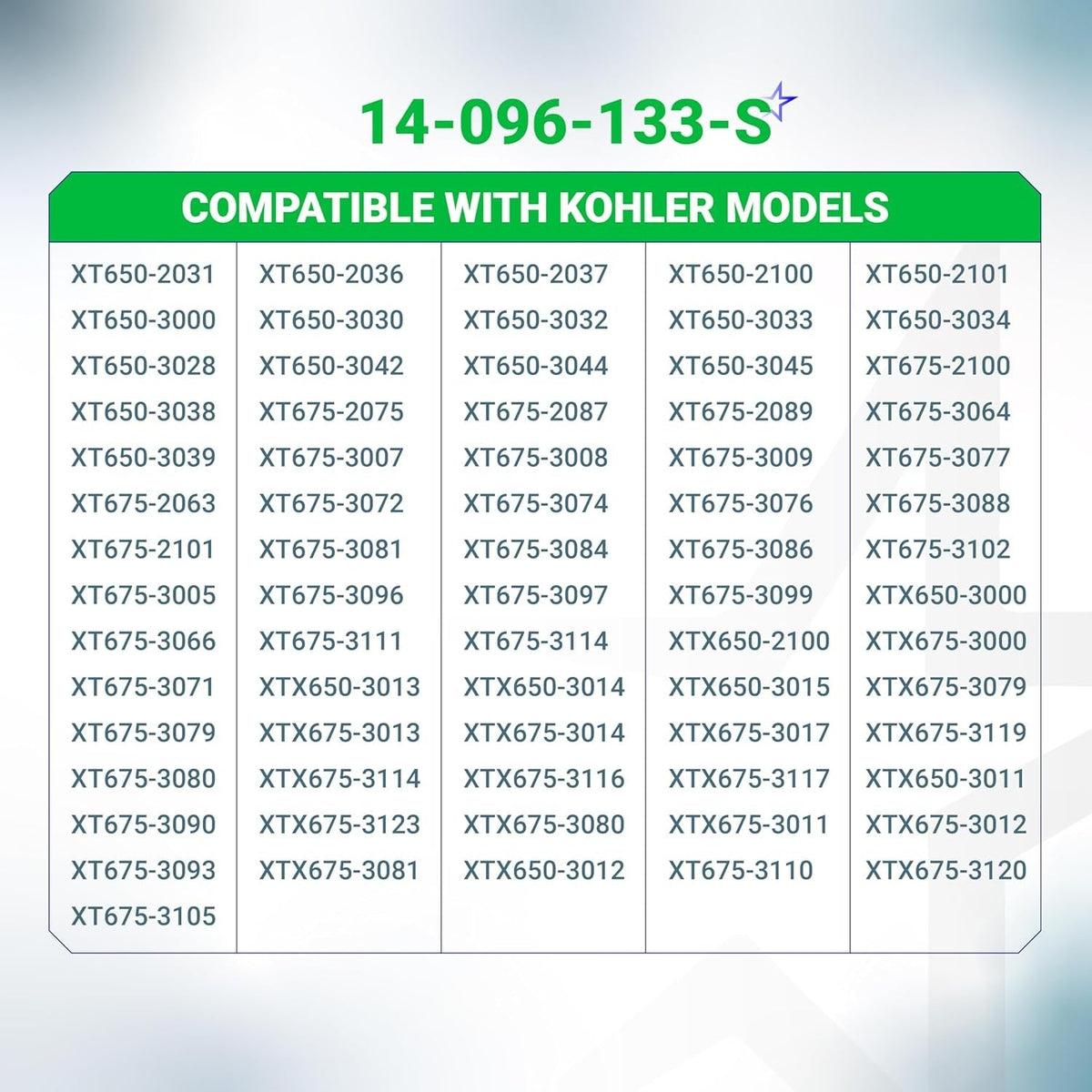 Compatibility chart for 14-096-133-S air filter cover base kit listing Kohler XT650 and XT675 engine models.