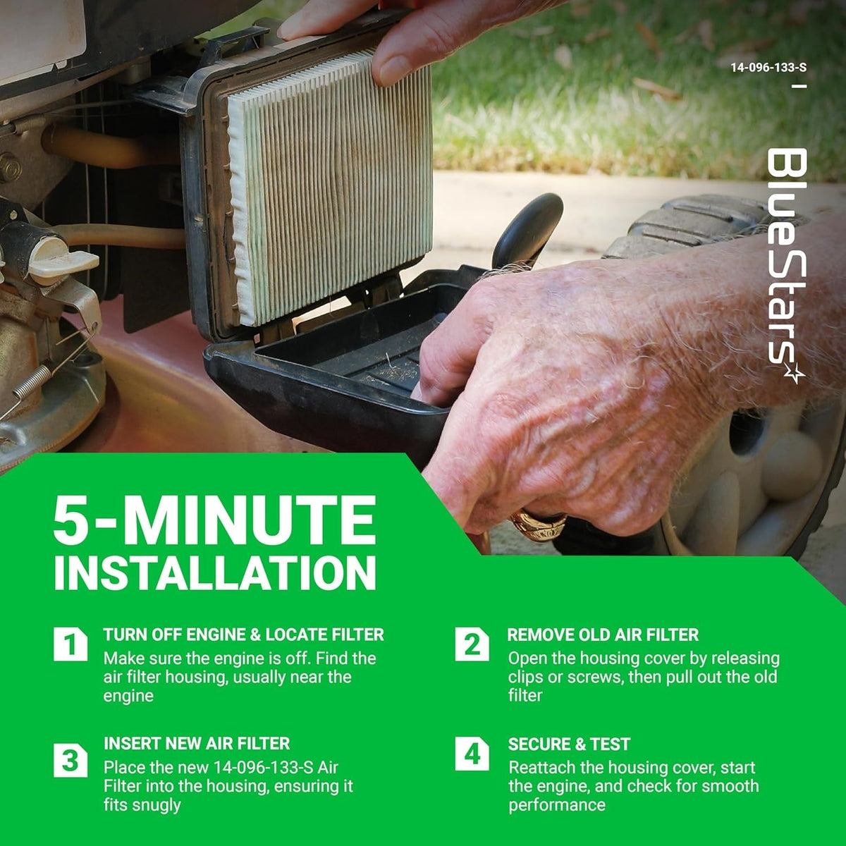 Hands installing a 14-096-133-S air filter into a Kohler engine housing with 5-minute installation instructions.