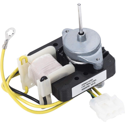 WR60X10220 refrigerator condenser fan motor with wiring harness and connector for GE and Hotpoint refrigerators.