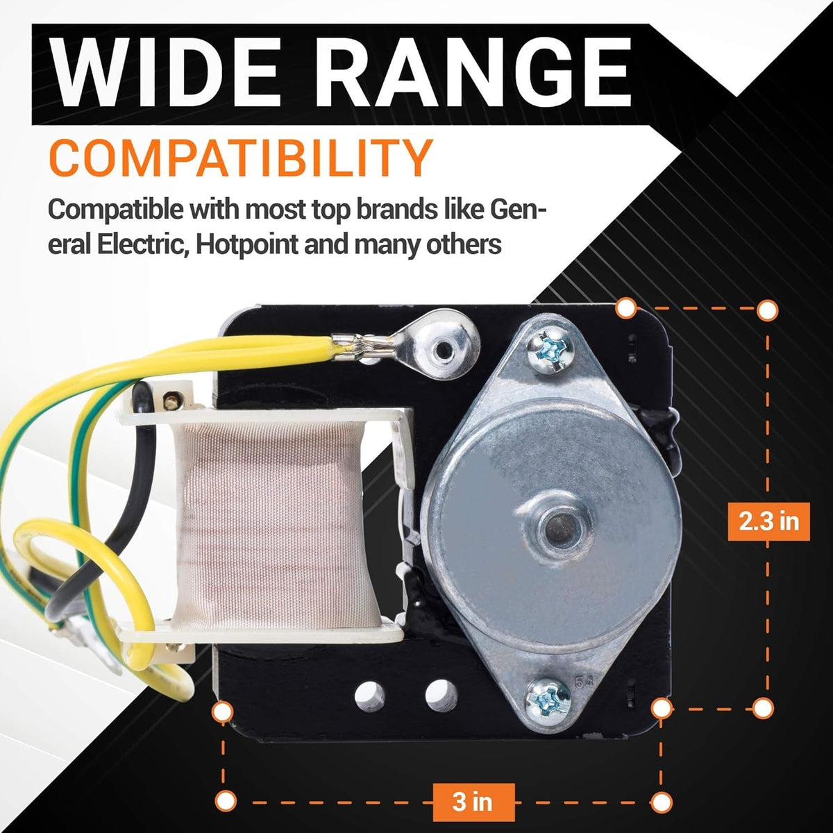 WR60X10220 refrigerator condenser fan motor showing 3-inch by 2.3-inch dimensions and compatibility information.