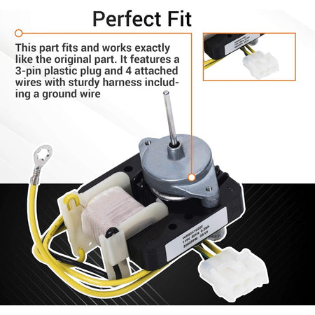 WR60X10220 refrigerator condenser fan motor with 3-pin plug, wiring harness, and ground wire.