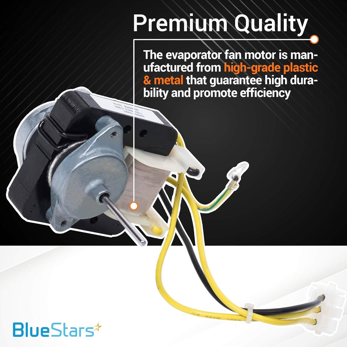 WR60X10220 refrigerator fan motor with wiring harness and connector, featuring durable metal and plastic construction.