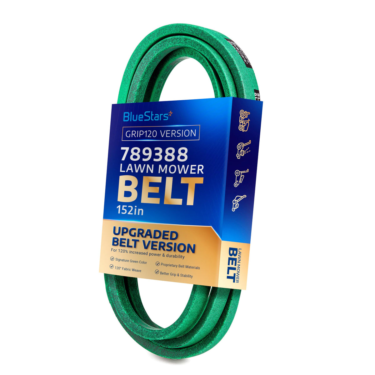 789388 green lawn mower deck belt in BlueStars packaging, 152-inch replacement belt for Hustler and other mowers.