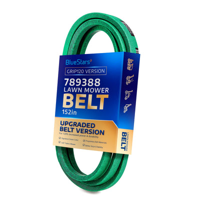 789388 green lawn mower deck belt in BlueStars packaging, 152-inch replacement belt for Hustler and other mowers.